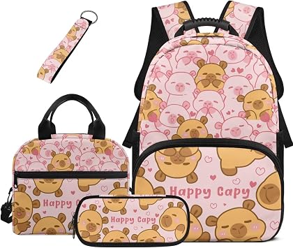 Cozeyat Cute Capybara Pink Backpack for Girls 8-10 4 Pcs 17inch Kids Bookbag Set with Lunch Box & Pencil Case Lightweight Preschool Backpack for Girls Age 8-10 Kids Elementary Book Bag Satchel