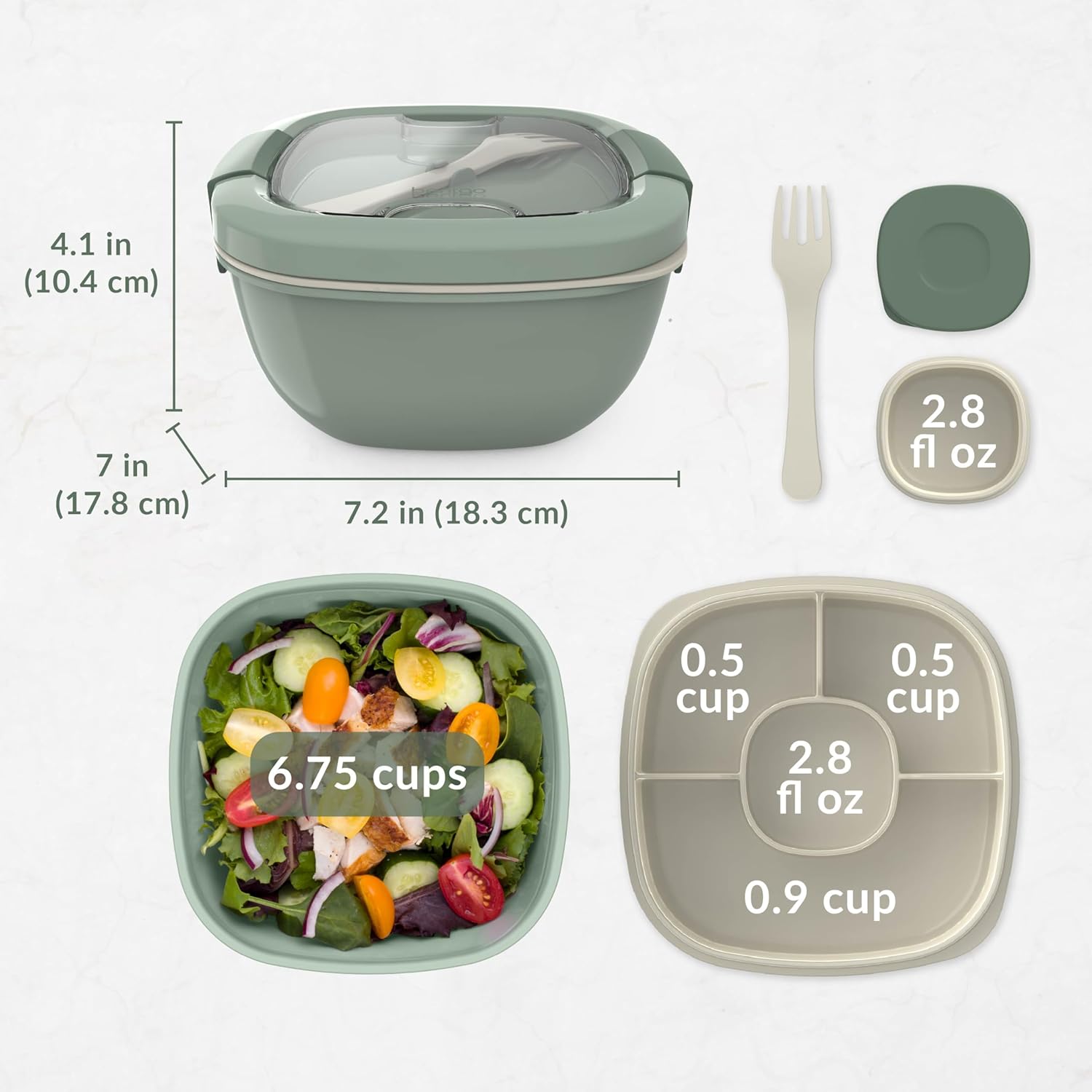 Bentgo Salad Container - 54 oz Bowl with 4-Compartment Toppings Tray, Leak-Proof Dressing Container, Reusable Fork, BPA-Free Lunch Box for Meal Prep & Food Storage; Removable Bento Tray (Khaki Green) - Image 7