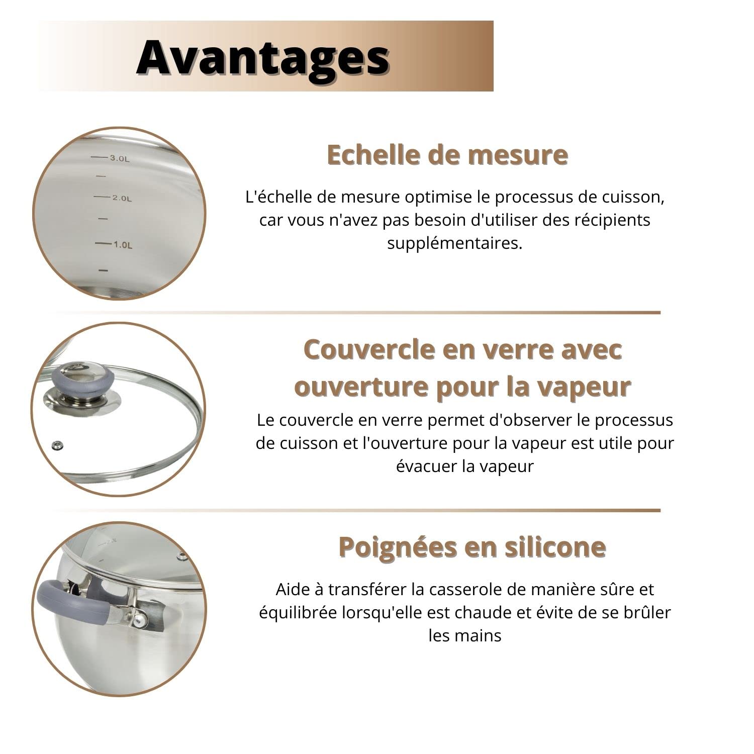 Daniks Modern Faitout Inox 20 cm 4 L, Casserole avec Couvercle en Verre, Tous Feux y Compris Induction, Poignées en Silicone, Échelle de Mesure, Argent