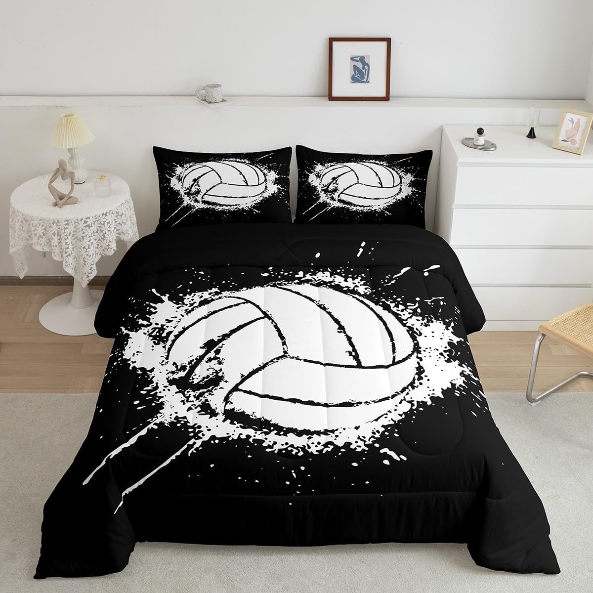 Erosebridal Volleyball Comforter Set Queen Size Beach Down Comforter Volleyball Games Sports Bedding Set for Boys Girls Young Man Black White Tie Dye Quilt Set Bedroom Decor with 2 Pillowcases