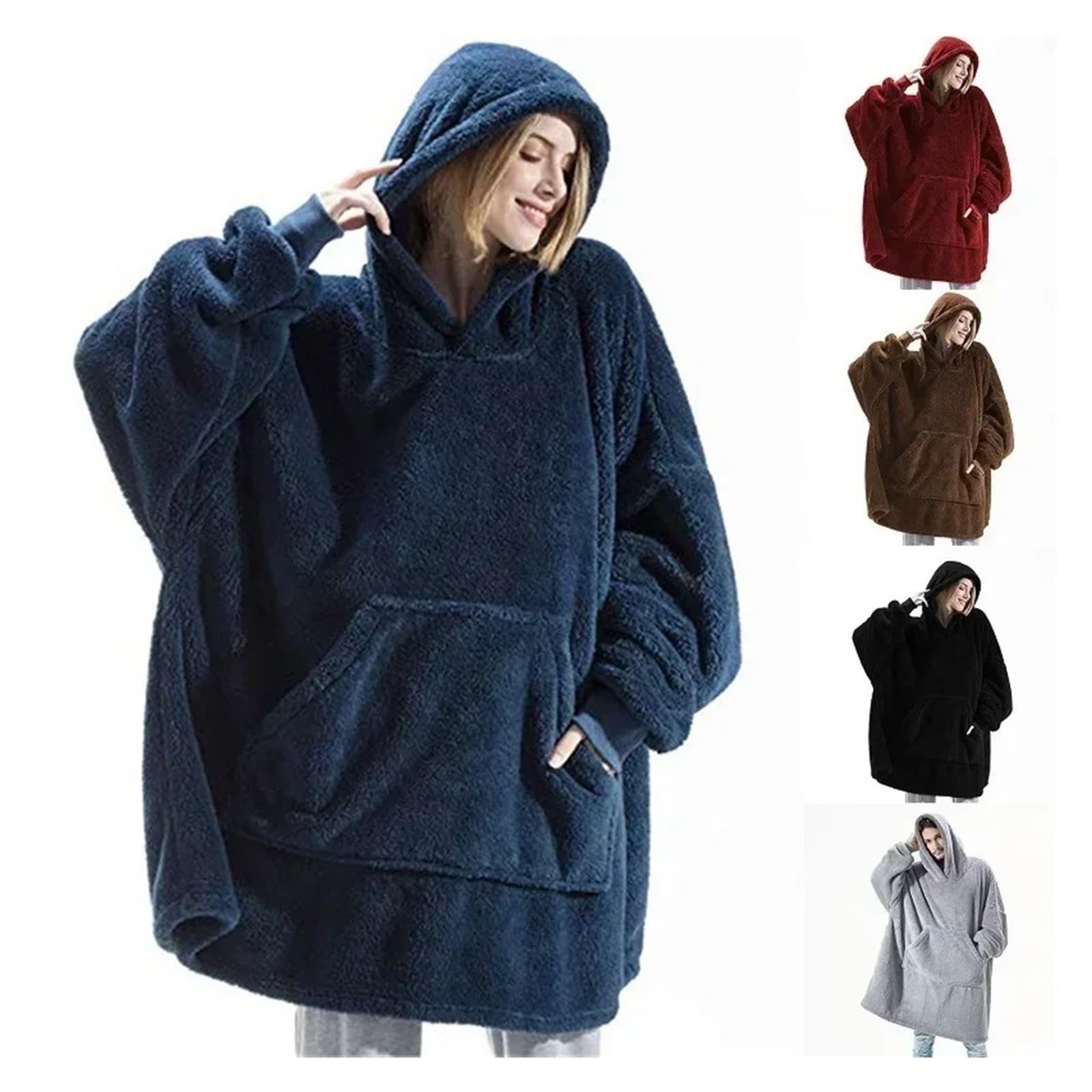 Invierno con Capucha suéter Manta Mujer Polar de Gran tamaño Mangas Bolso Grande cálido Grueso TV Bata Pareja(Style A-Gray)