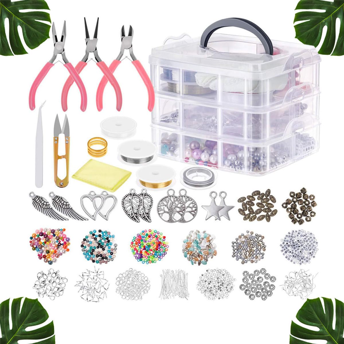 FOMIYES Schmuckherstellungsset mit Acrylperlen Zufällige Farbe 1186 Stück und 3-lagiger Kunststoffbox zum Einfachen Aufbewahren und Schmuckherstellung für Armband Basteln