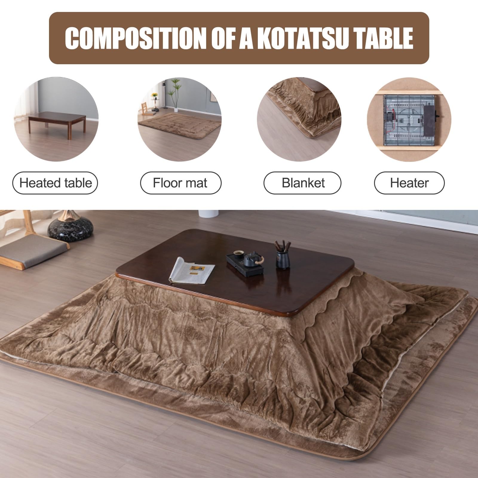 HARELA Kotatsu 4er-Set Wohnzimmerheizung Im Winter, mit Decke Teppich Heizung, Aus Massivholz Heiz-Kotatsu Im Wohnzimmer, Warmes Geschenk Für Die Familie(Gray B)