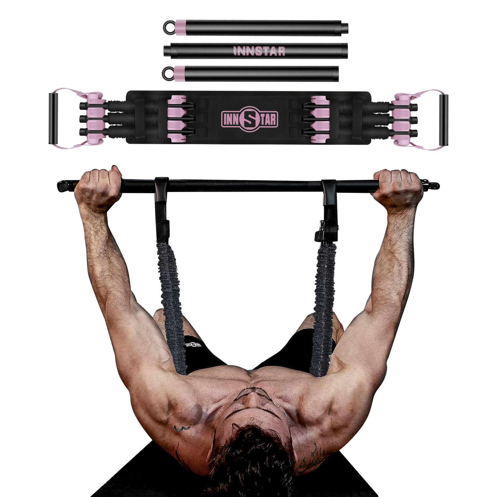 INNSTAR Adjustable Resistance Bands, Heavy Bench Press Device for Men and Women,Portable Exercise Bands for Home Gym Exercise,Fitness Workout,Travel Training (Women|90LB with Bar)