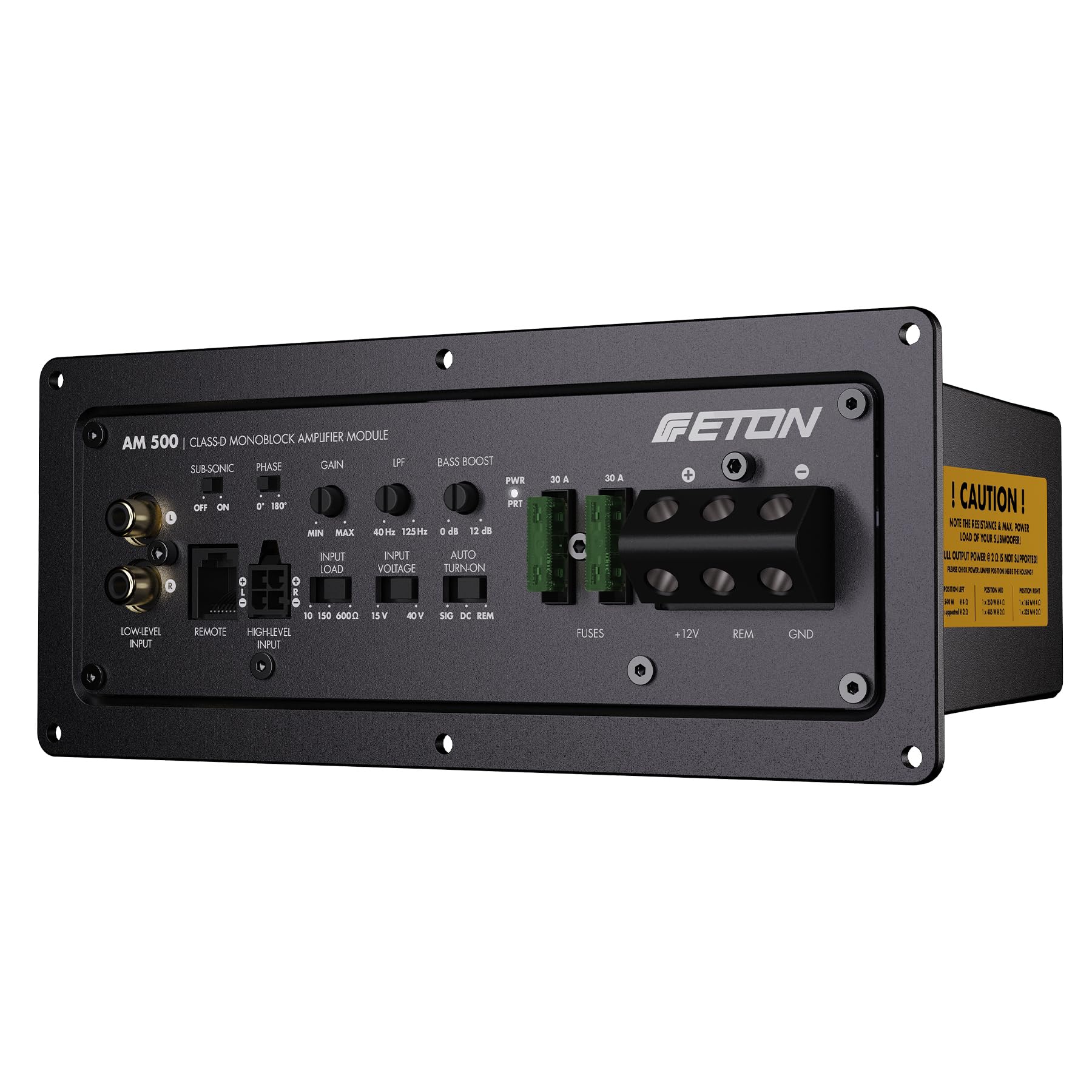 ETON AM 500 – Mocny moduł wzmacniacza do zabudowy 540 W RMS 1-kanałowy dla subwoofera, z regulowanym ogranicznikiem mocy stopnia wyjściowego, idealny do samodzielnej budowy aktywnego subwoofera