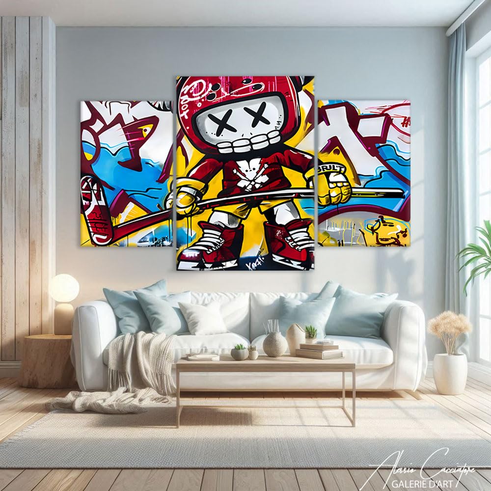 Quadro Street Art Xxl con cornice - Stampa su tela graffiti - Poster decorativo da parete per 3 - Quadro trittico da parete moderno, tela pop art grande formato (100 x 75 cm +2 x 80 x 60 cm)