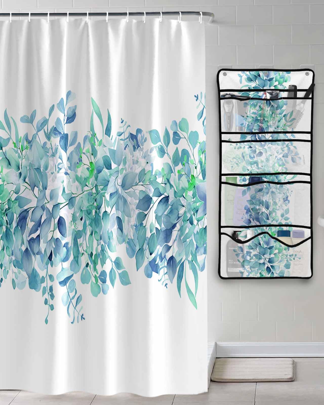 Decorative Shower Curtain Sets Eucalyptus Leaves Blue Green Fabric Waterproof Shower Curtains Spring Watercolor Hand Drawn Plant Mesh