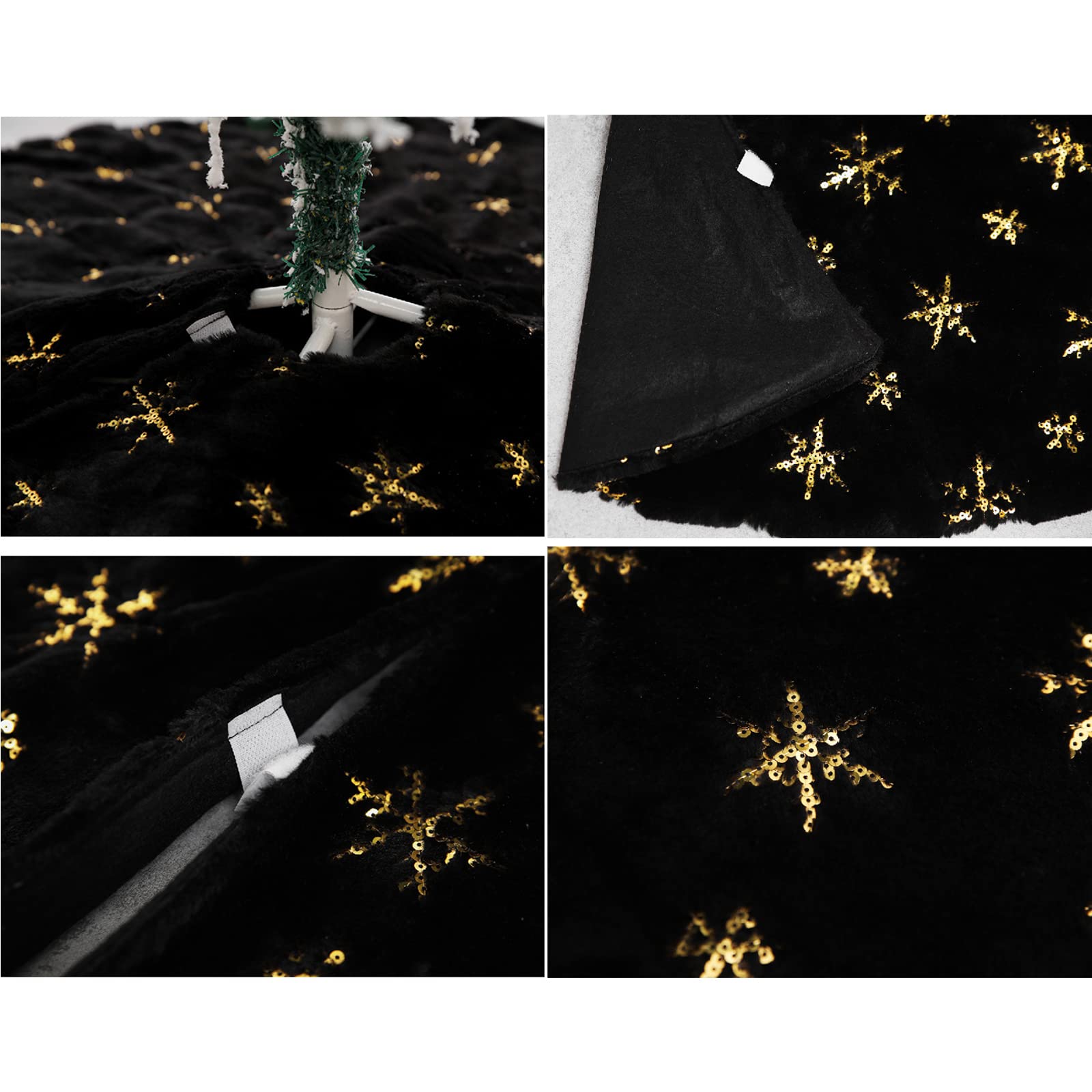 Nero Gonna per Albero di Natale con Fiocchi di Neve Falso Pelliccia Insieme A Paillettes Dorate Tappetino per Albero di Natale per Festa di Vacanza Ornamenti per Interni Ed Esterni,122cm(48inch)