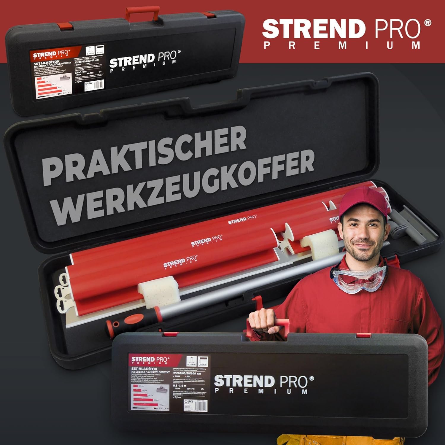 STREND PRO Flächenspachtel Set PREMIUM V2 | inkl. Fassadenspachtel 1000mm, 800mm, 600mm, 400mm, 250mm Glättspachtel, Teleskopgriff, Transportkoffer | PROFI Z Spachtel Set für Trockenbau, Verputzer