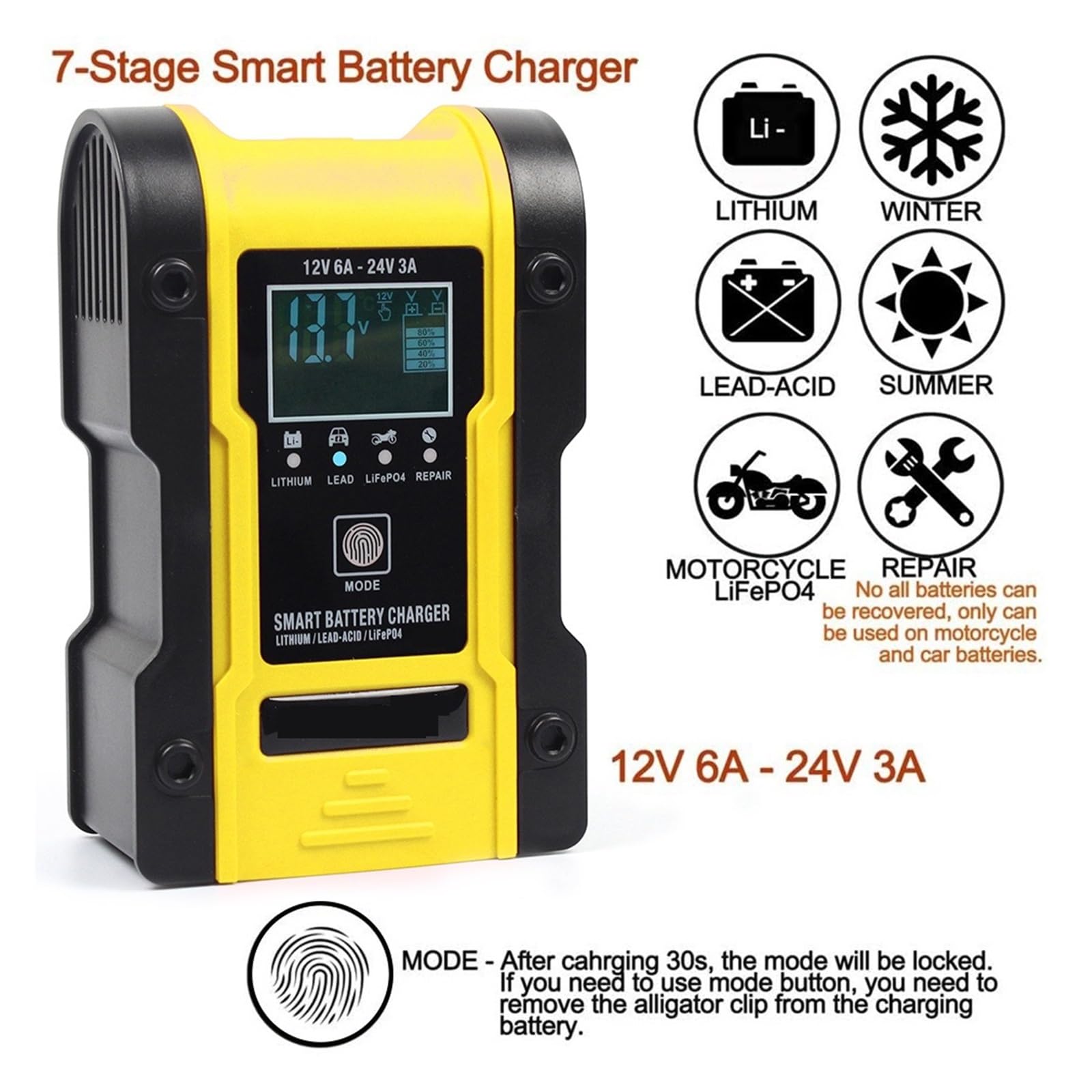 12V-24V 6A W Pełni Automatyczna Inteligentna Ładowarka Do Akumulatora 7-etapowa Samochodowa Mokrych Suchych Akumulatorów Kwasowo-ołowiowych-ładowarki Wyświetlacz LCD Precyzyjne łAdowanie(Yellow)