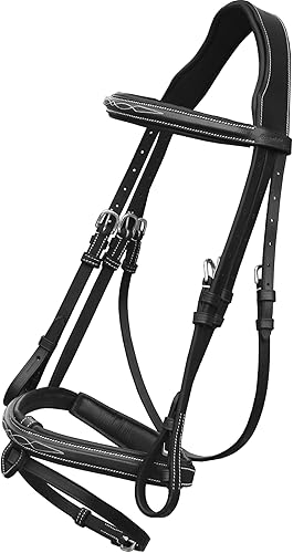 Vista 13 de Exion - Brida de salto anatómica para caballos con banda nasal extraíble y riendas de goma, cuero curtido vegetal de primera calidad, hebillas