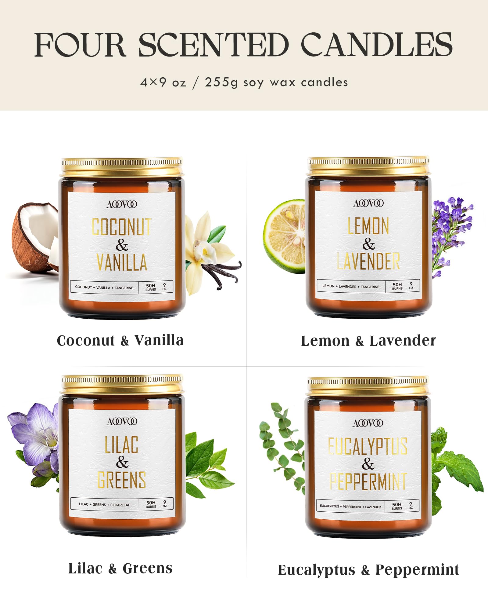 AOOVOO Coconut Vanilla Candles - 9 oz Scented Candles, Aromatherapy Candle, Soy Candle for Home Scented: Eucalyptus/Vanilla/Lilac/Lavender 36 oz