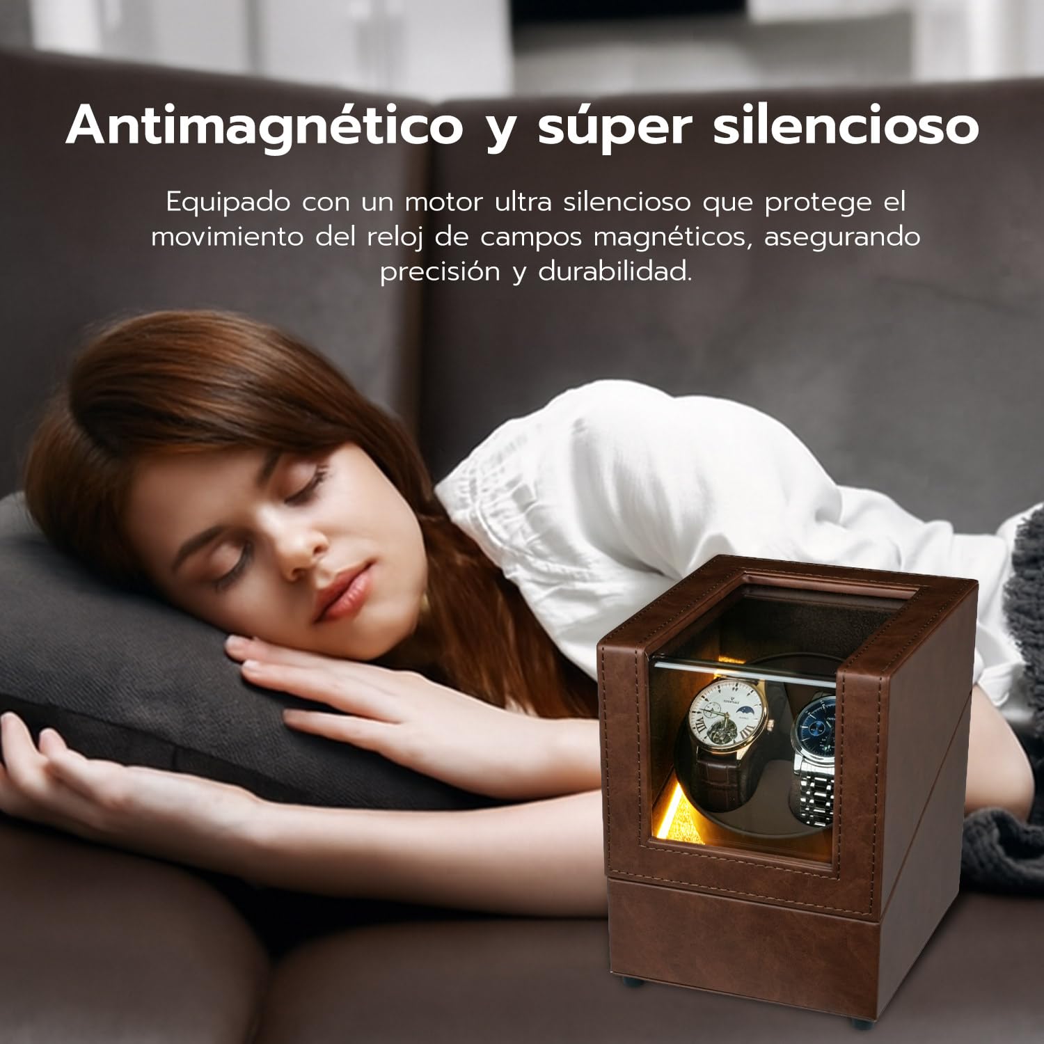 Mcbazel Dual Watch Winder, Cajas Giratorias para Relojes con Luz LED, Estuche para Relojes de Doble Posición, Modos de Rotación Bidireccional, Relojero Automático Almacenamiento – Marrón