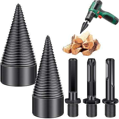 5 Pcs Firewood Log Splitter Drill Bit, Removable Wood Splitter Drill Bits, Screw Cones Kindling Heavy Duty Wood Severing for Hand Stick Hex, Round, Square (32 Mm, 50 Mm)