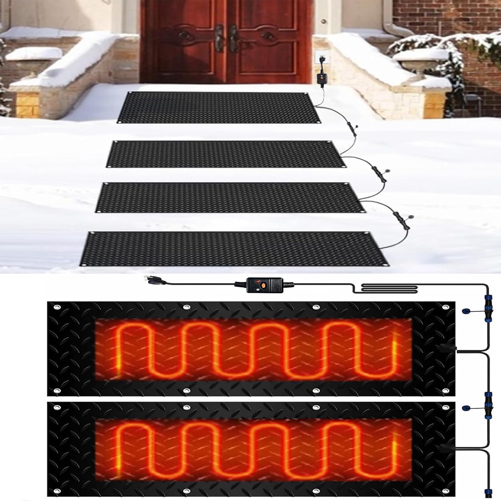 Tappeti per sciogliere la neve per scale e passerelle all'aperto, tappetini in gomma PVC antiscivolo per rimuovere la neve in inverno, con cavo di alimentazione (25,4 x 120 cm, 2 pezzi)