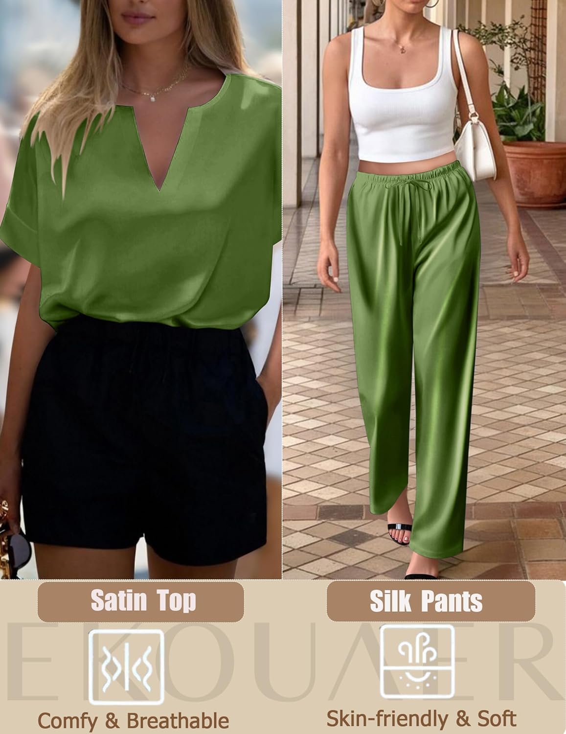 Ekouaer Satin Pajama Set Womens Silk Short Sleeve V Neck Shirt with Long Pant Soft Loungewear Pjs Set - Image 5