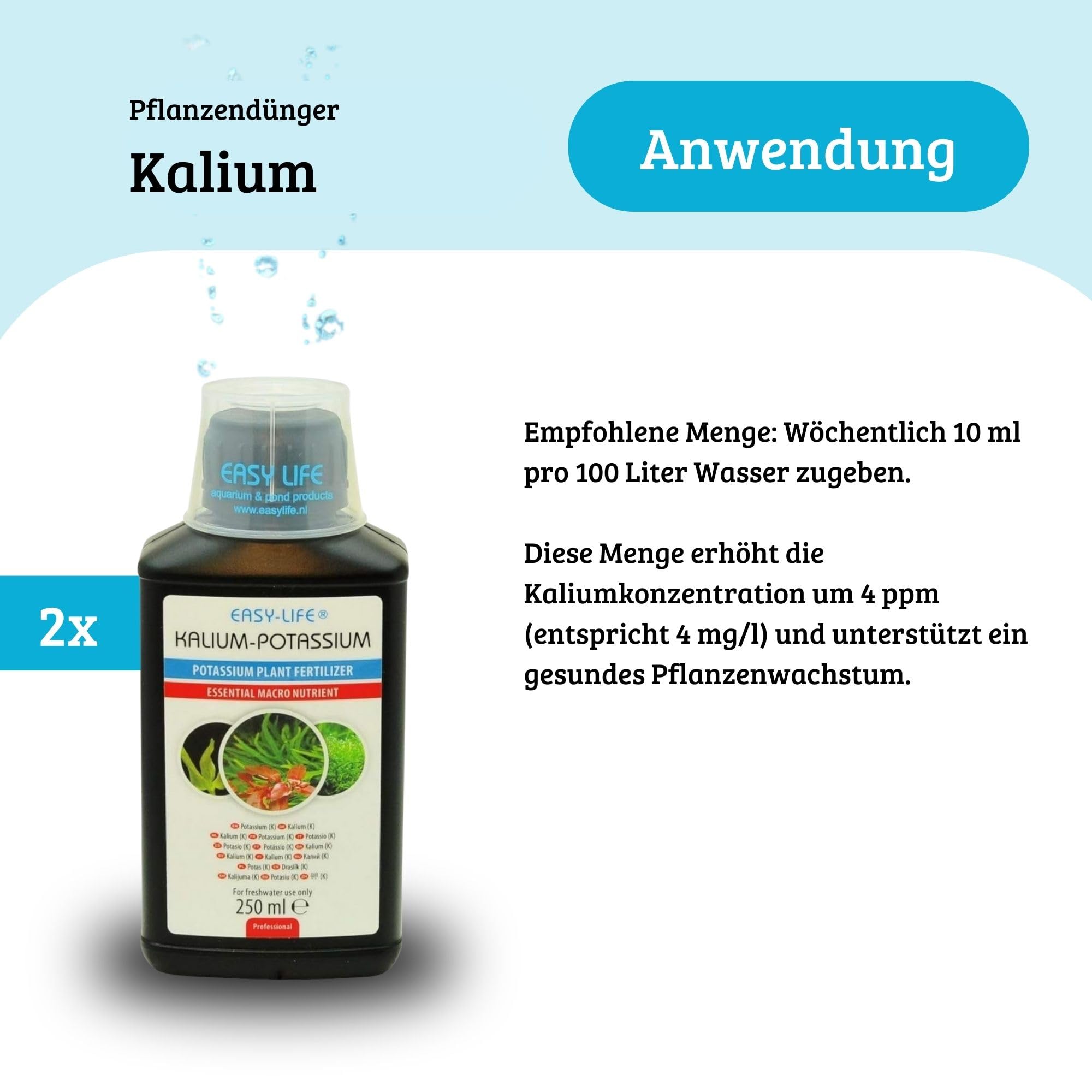 Easy Life Kalium 2er Pack – 2X 250 ml Flüssiger Kalium-Dünger für Aquarium-Pflanzen, unterstützt gesundes Wachstum, kräftige Blätter, einfache Anwendung, sicher für Fische