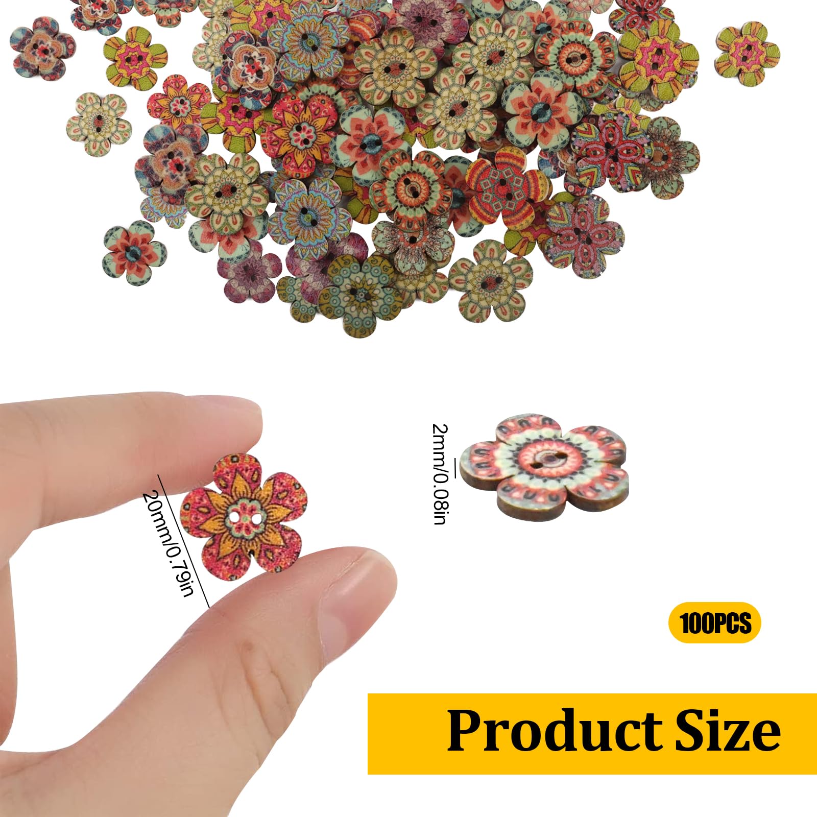 200 Stück Bunte Holzknöpfe - Retro Blumenmuster Für DIY Näharbeiten
