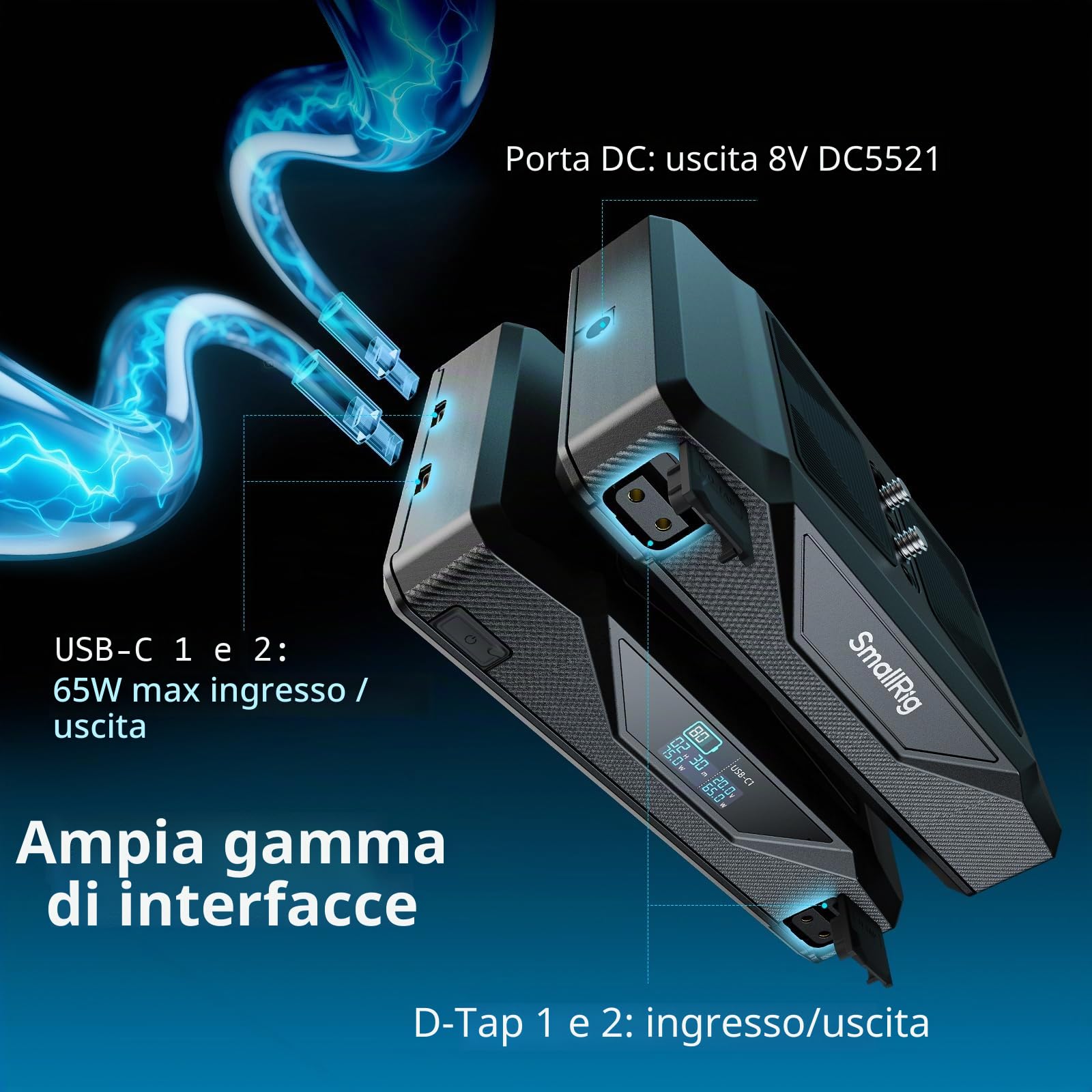 SMALLRIG Batteria Base CB75, 73,8 Wh / 5000 mAh, Autonomia per Tutto il Giorno con Ricarica Rapida USB-C da 65 W, Doppio Connettore D-tap, Piastra a Sgancio Rapido per Arca, Vite da 1/4"-20, 5248