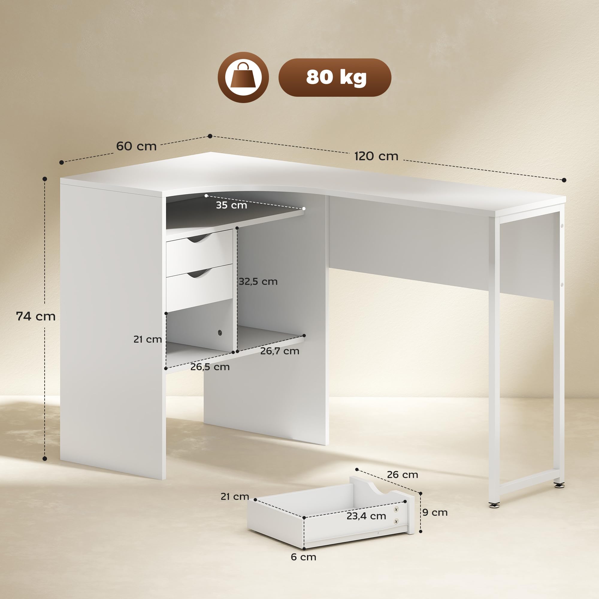 HOMCOM Scrivania angolare con 2 cassetti, 120 x 60 cm, Scrivania a L con 3 scomparti aperti, Tavolo per computer per studiare, lavoro, camera, casa, bianco