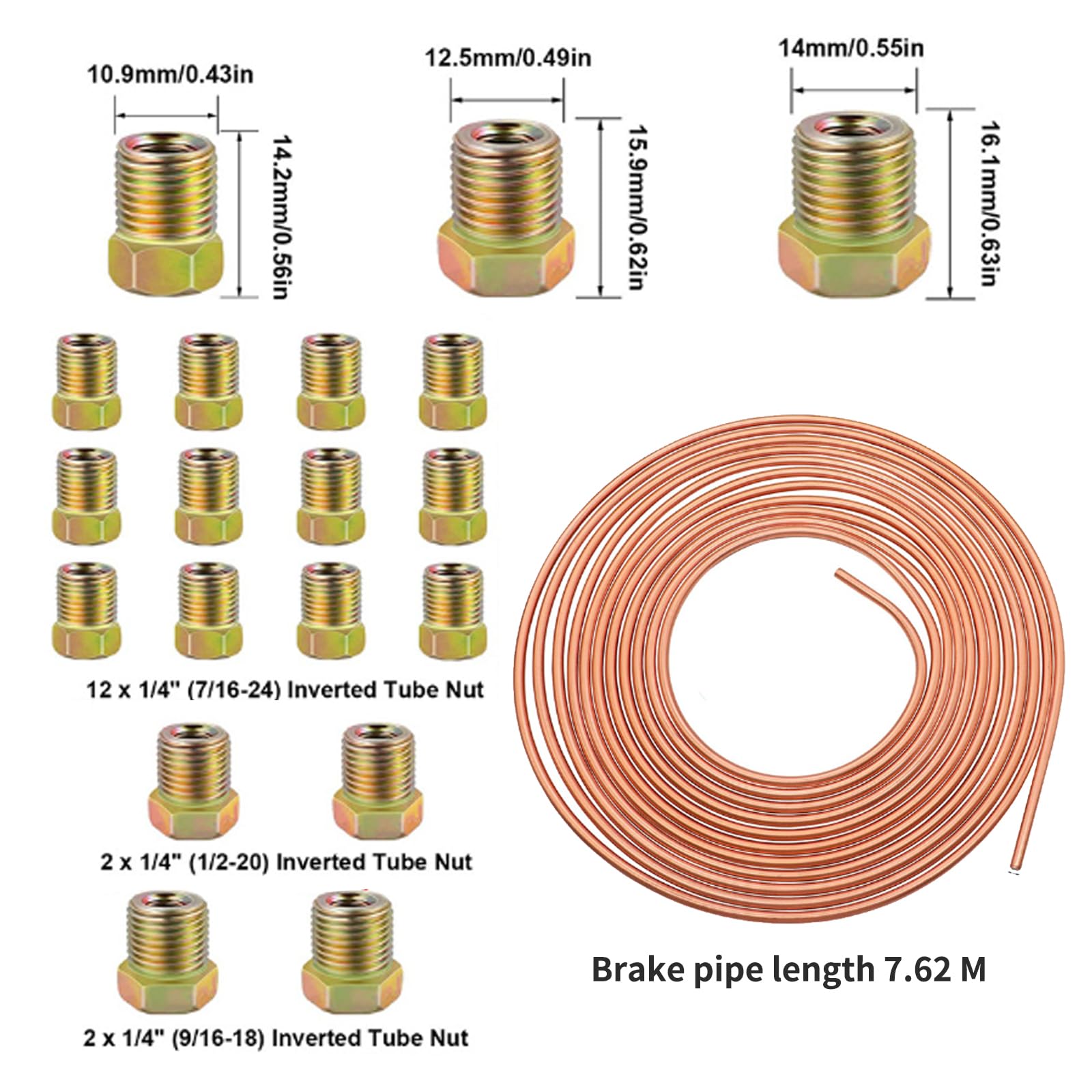 Kit di guida generale del freno in rame da 25 ft/7,62 m con 16 dadi da 1/4", tubo freno in nichel rame per parte di ricambio per auto