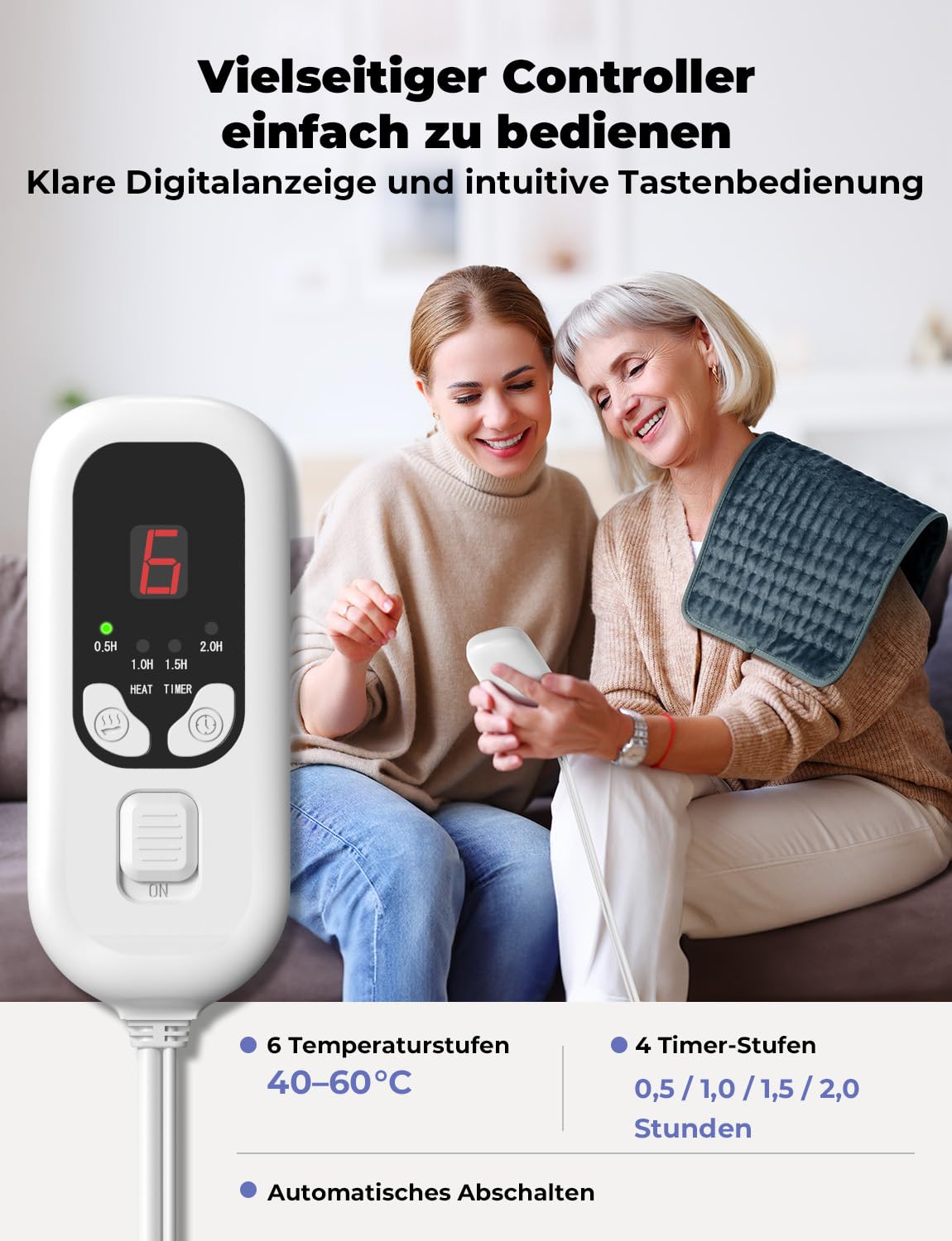 Heizkissen 30x60 cm Wärmekissen mit Abschaltautomatik und 4 Timer-Optionen und 6 Temperaturstufen Schnellheizung&Maschinenwaschbare für Nacken Schultern Oberschenkel Blaugrau