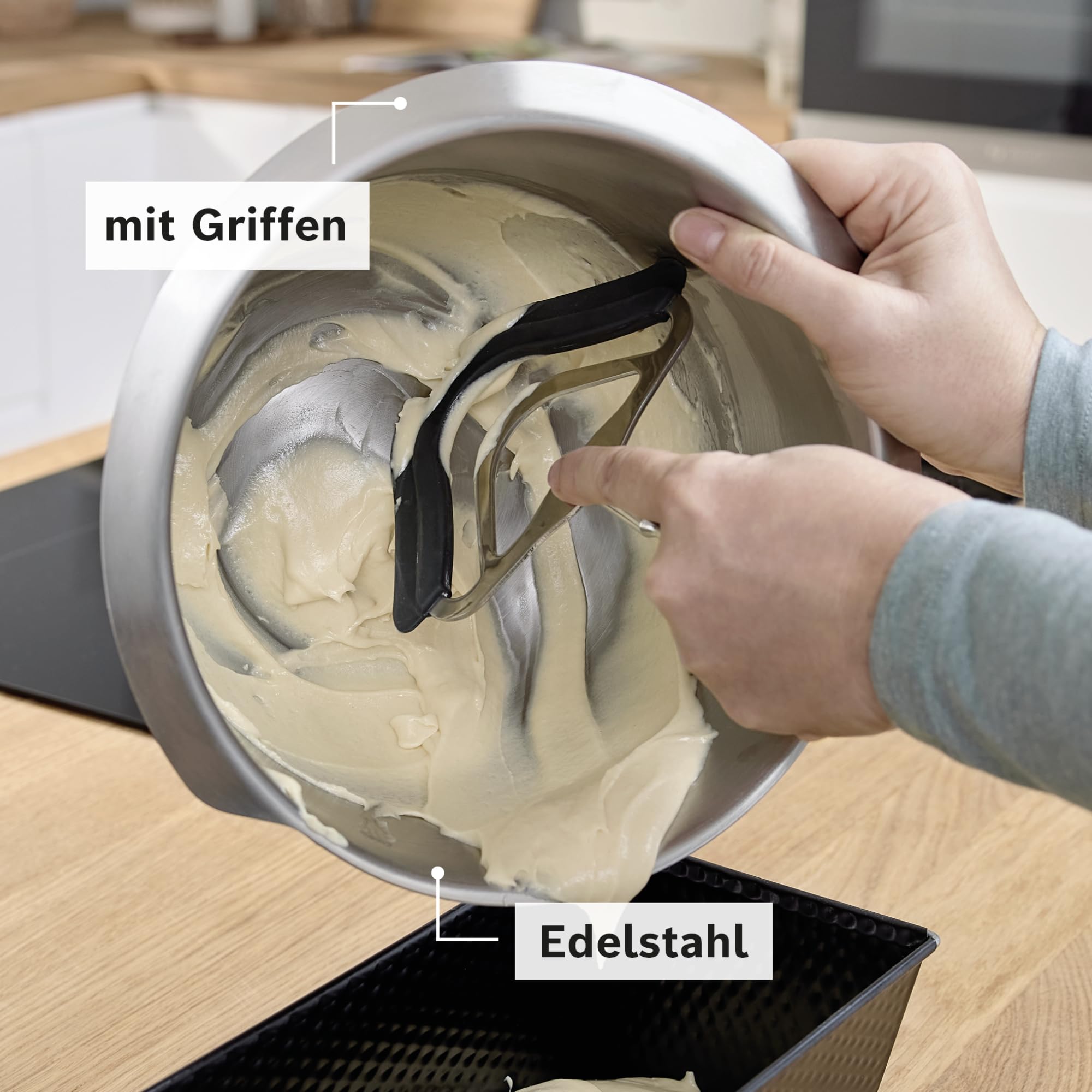 Bosch Edelstahl-Rührschüssel MUZ5ER2, Zubehör passend für Küchenmaschine Serie 4, 3,9 Liter, max. Teigmenge 2,7 kg, geschmacksneutral, spülmaschinenfest