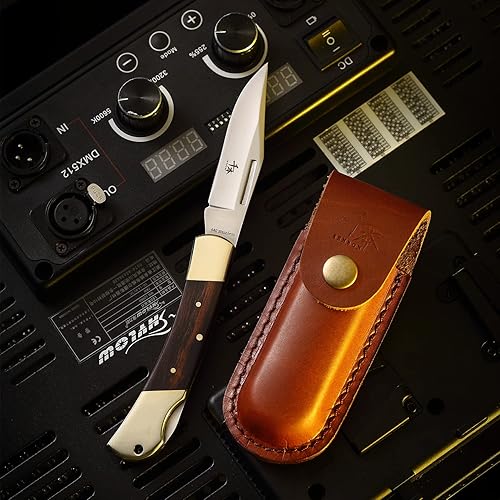 Miniatura 10 de cuchillo plegable de la cerradura posterior 4in 440a cuchillo al aire libre afilado arena mango de cobre de madera de oliva con funda de cuero