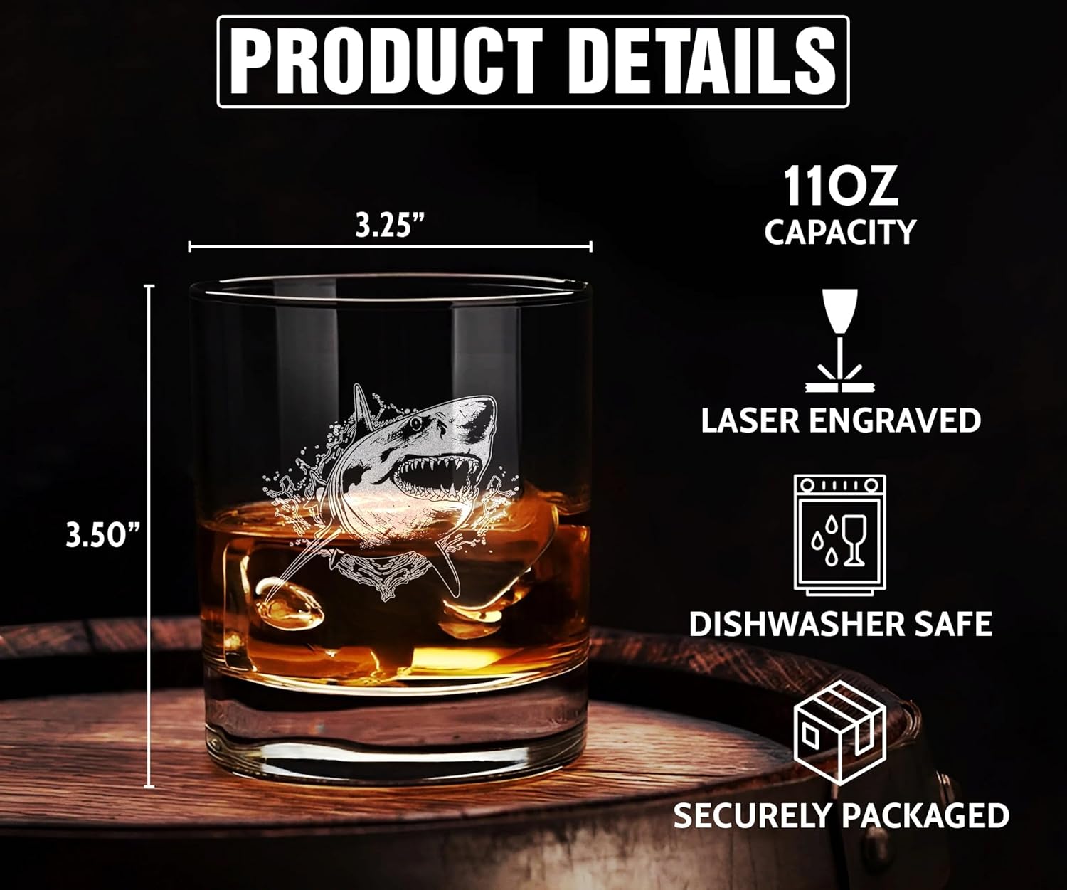 Great White Shark Vintage Engraved Whiskey Glass - Wildlife Themed Gift - Unique Birthday Gifts For Friends And Family - Great White Shark Lovers Gift - Vintage Old Fashioned Glass - Image 3