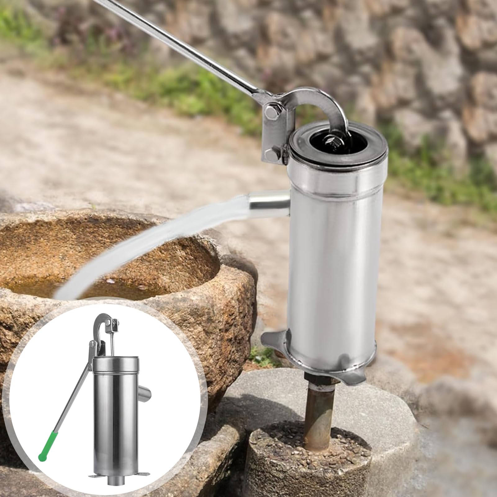 Pompa per pozzo a mano, pompa di trasferimento 'acqua, manuale in acciaio inossidabile, strumento di aspirazione del pozzo, fontana potenziata, peso 1500 g per prato, stagno, irrigazione