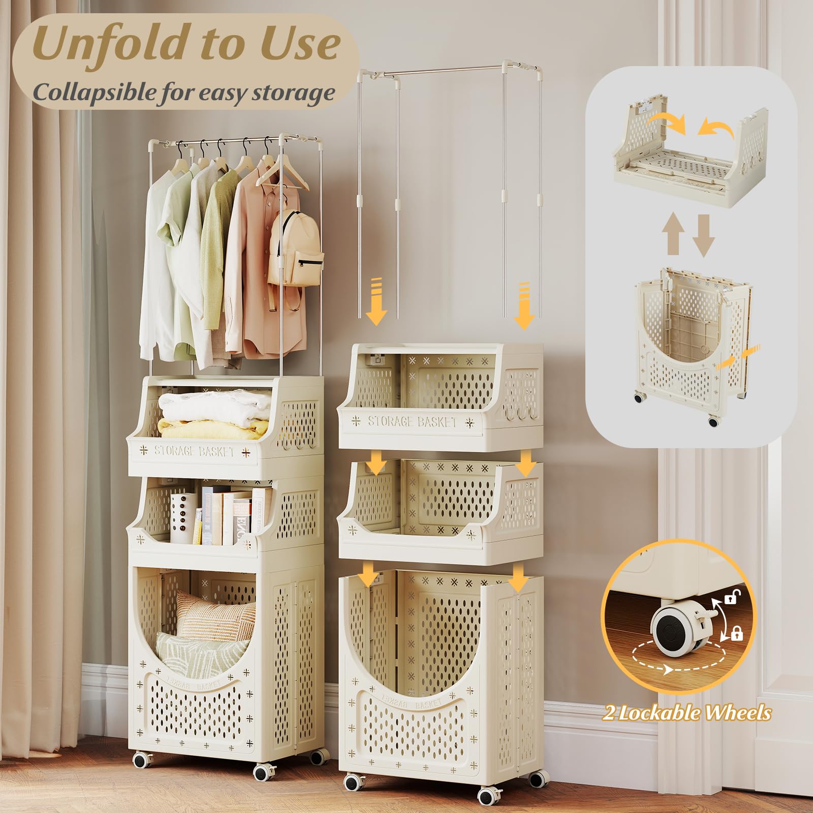 LIFEZEAL Cesto Biancheria Sporca 82 L con Stand Appendiabiti, Ruote, Piano Portaoggetti, 2 Mensole, 1 Scomparto, Mobile Portabiancheria, Cesto Pieghevole, Lavanderia, Bagno, Salvaspazio, Plastica