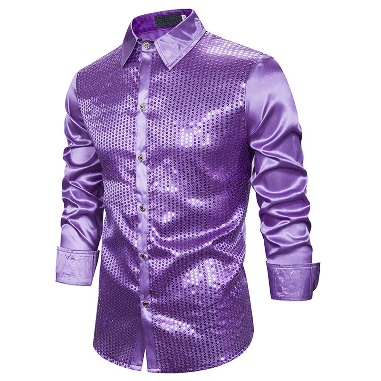 Men's Shiny Shirt, Long Sleeve Sequins 70s 80s Disco Fancy Dress, Retro Button Down Sparkly Dancing T-Shirt, Sheer Mesh See-Through Button Front Tops for Party Nightclub Prom Costume Purple