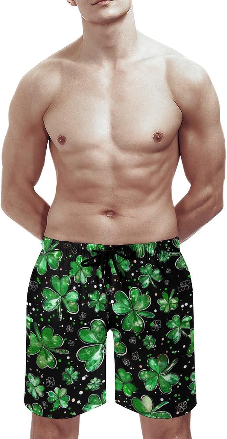 Green Ireland Shamrock St Patricks Day Casual Men's Swim Trunks Novelty Summer Beach Shorts Swimwear with Pocket