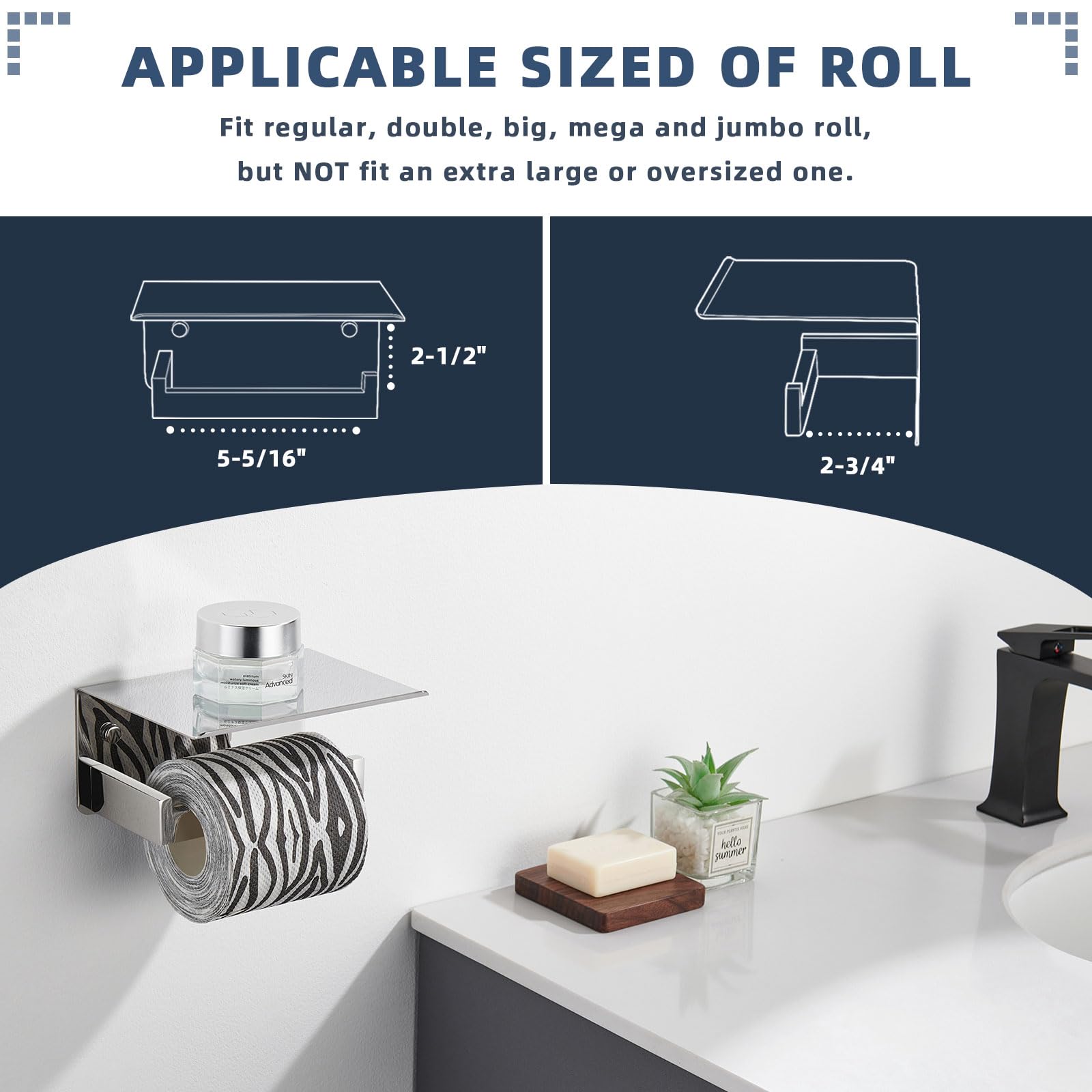Angle Simple Portarrollos de papel higiénico con estante, acero inoxidable 304, para pared, cromo pulido