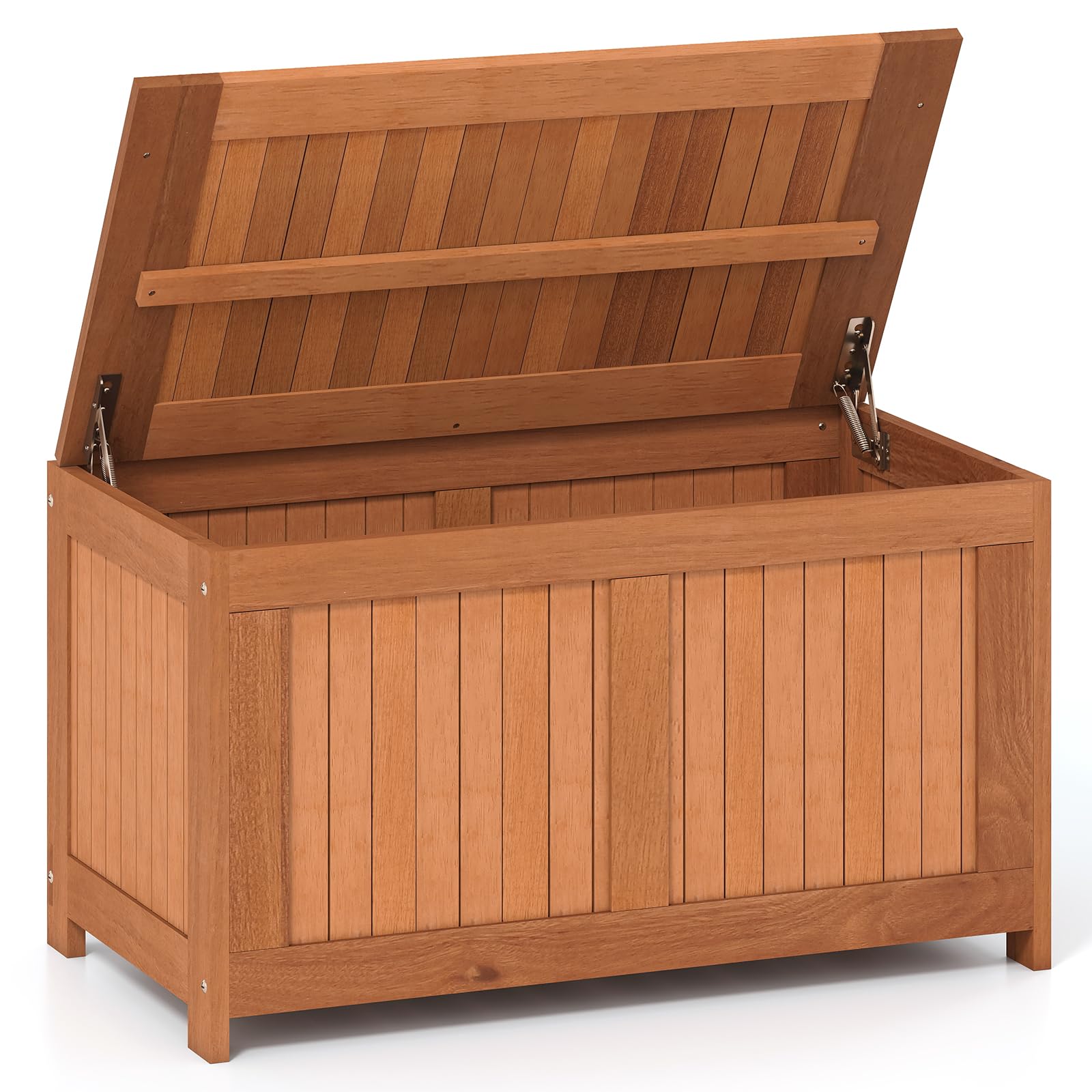 COSTWAY Garden Storage Box, 190L/220L Wooden Deck Box Bench with Spring-lifting Brackets & Raised Edges, Outdoor Patio Storage Container for Cushion Tool Toy (190L)