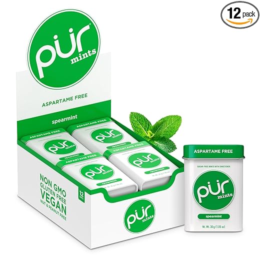 PUR Mints | Aspartame Free Mints | Made with Xylitol | Sugar Free, Vegan, Gluten Free & Keto Friendly | Natural Spearmint Flavored Mints, 30 Pieces (Pack of 12)