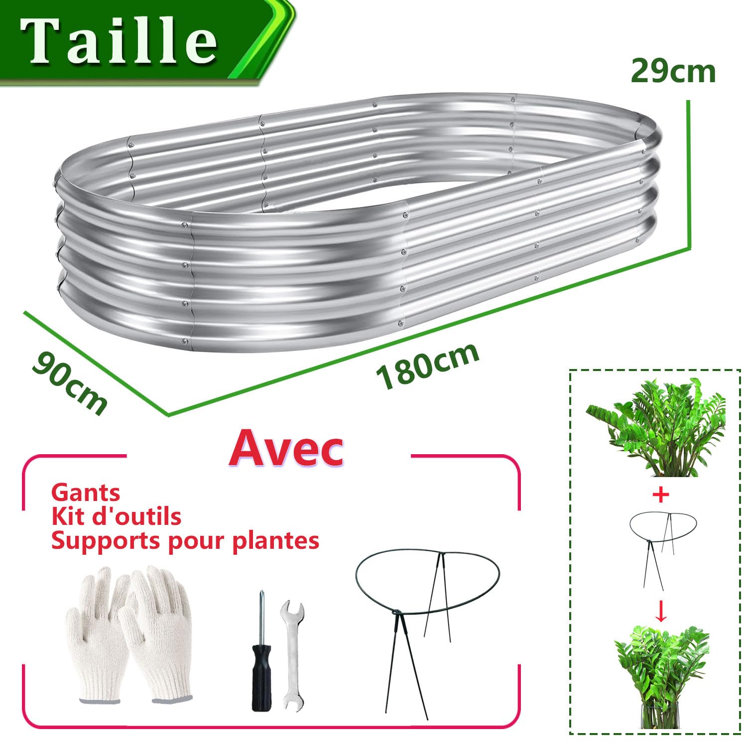 2 PCS Jardinière Surélevée en Métal 180×90×29 cm Potager Surélevé en Galvanisé pour Légumes, Fleurs et Herbes au Jardin, Terrasse et Balcon (180×90×29 cm, avec Tuteur pour Plantes)