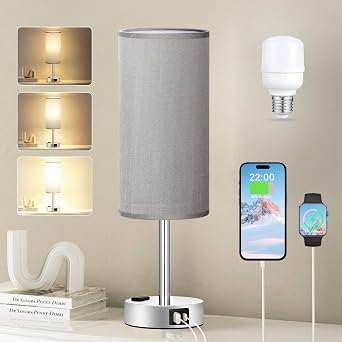 Fenmzee Grey Bedside Lamp for Bedroom, Dimmable Touch, USB A+C, AC Outlet