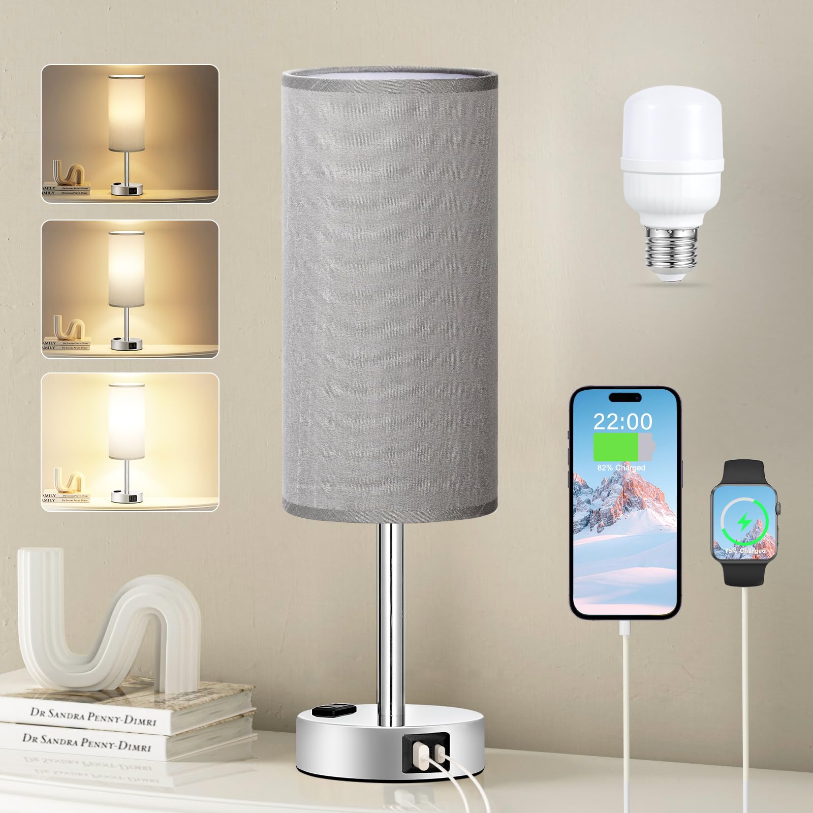 Fenmzee Grey Nightstand Table Lamp for Bedroom - 3 Way Dimmable Bedside Lamp USB C A Charging Ports and AC Outlet, Small Table Lamp Silver Base for Living Room, Office Desk, LED Bulb Included