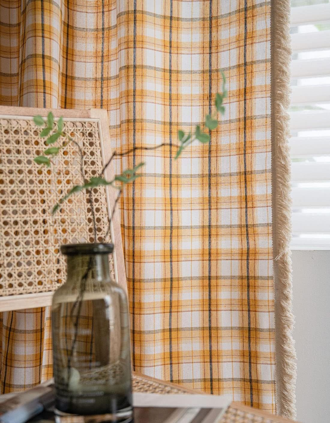 Buffalo Check Plaid Orange Curtain wit Tassels Cotton Linen Boho Window Curtain Panel Rod Pocket Striped Semi Blackout Drape for Bedroom Living Room Kitchen, 1 Panel, 59" x 102"