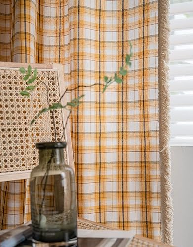 Cortina a cuadros de búfalo naranja con borlas de algodón y lino bohemio para ventana, bolsillo para barra, cortina semiopaca para dormitorio, sala