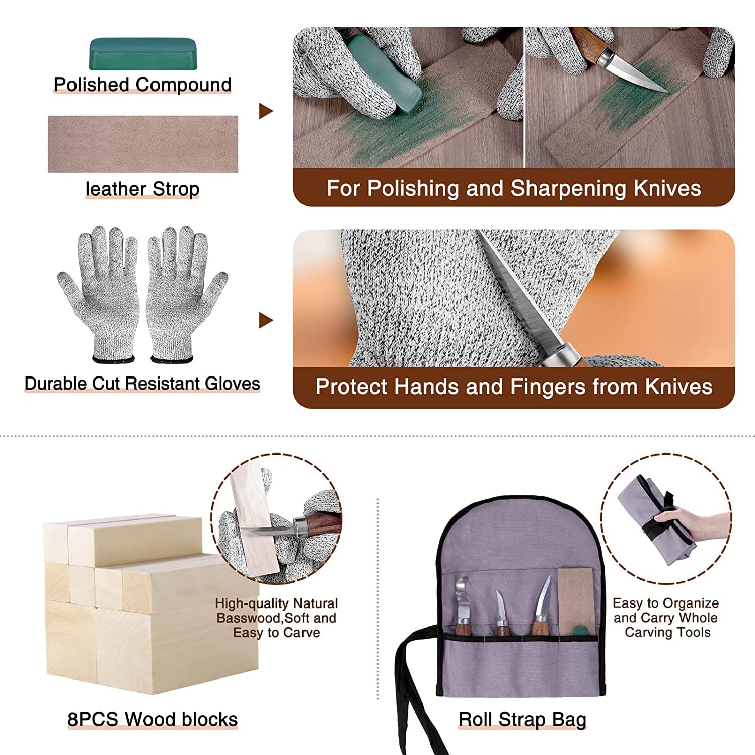 Artnova Wood Carving Kit for Beginners - Set with Knives, Anti-Cut Gloves, Size L, Basswood Blocks, Sharpener, Polishing Compound, Sheath and Guide with Tutorials