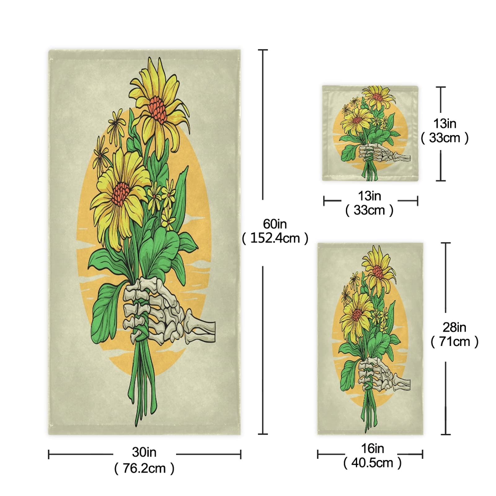 Vnurnrn Mano De Calavera Girasol Juego de Toallas para Baño Playa Toalla (1 Toalla de Baño y 1 Toalla de Mano y 1 Paño de Lavado) para Nadar Niñas Niños