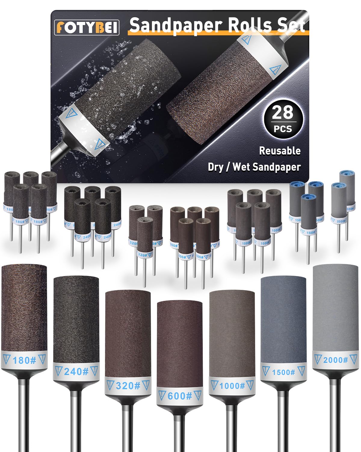 FOTYBEI 28Pcs Sanding Drums Sandpaper Sticks Set for Dremel Rotary Tool Accessories 180/240/320/600/1000/1500/2000 Grits Sanding Bits Kit with 1/8" Shank for Wood Metal Jade Polishing Grinding