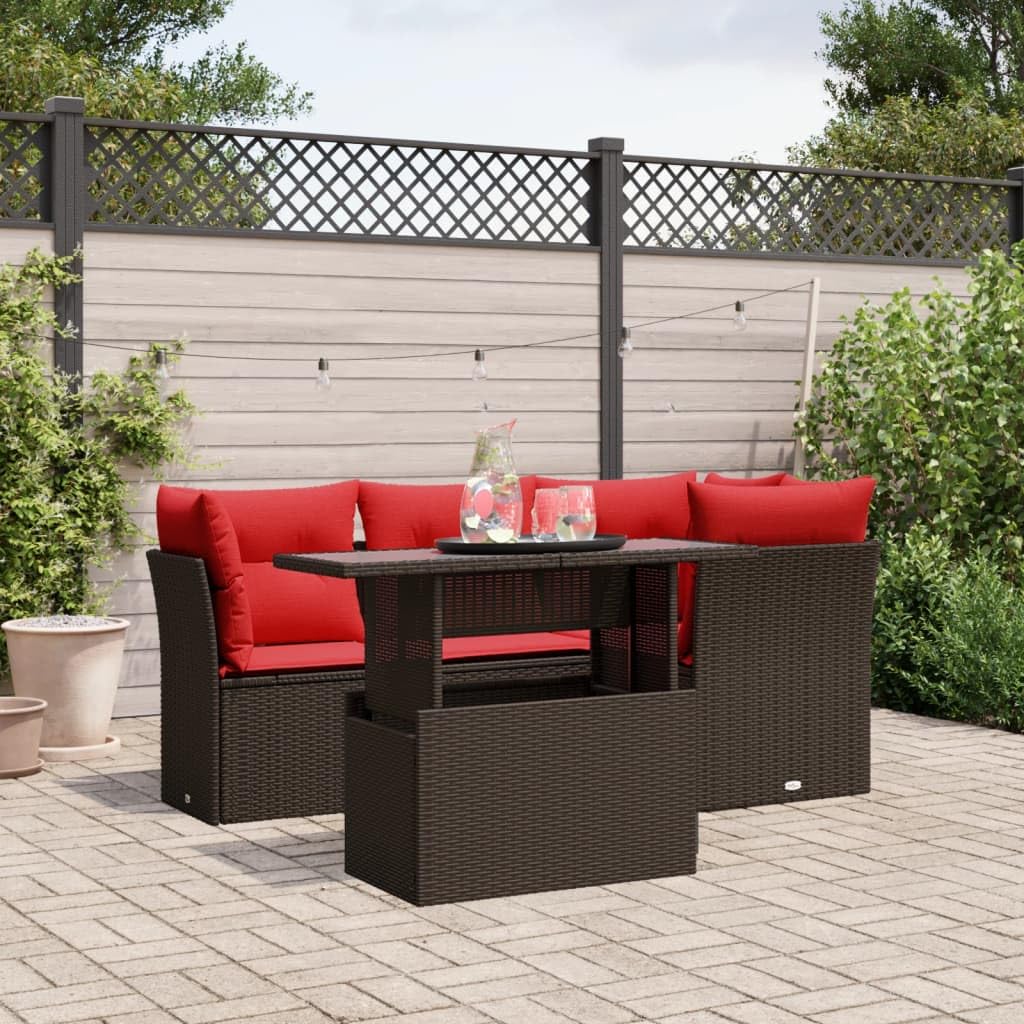 Set Divani da Giardino 5 pz con Cuscini Marrone in Polyrattan Resistente Alla Protezione Degli Agentia Atmosferici per Relax Pranzo e Conversazione in Veranda Balcone Patio