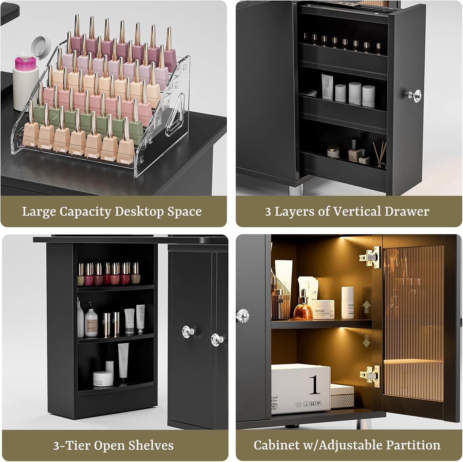 Manicure Table w/LED Light & Lamp, Nail Desk Nail Tech Table w/Dust Collector & Charging Station, Nail Station w/Acrylic Display Rack, Drawers & Glass Door Cabinet (Black)