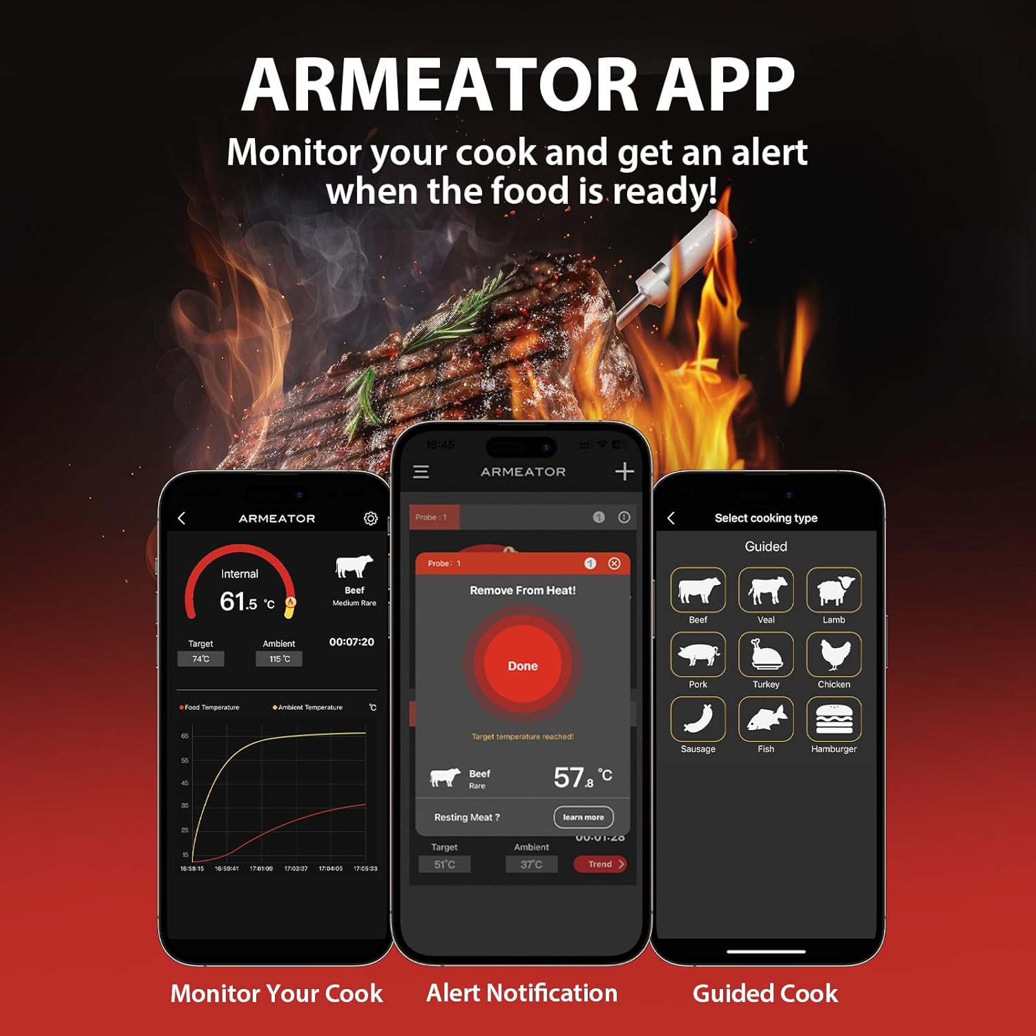 Armeator Wireless Meat Thermometer with Screen, Long Range Cooking Thermometer with Wireless Probe for BBQ Oven Grill, Preprogrammed Temperatures for Beef, Lamb, Chicken
