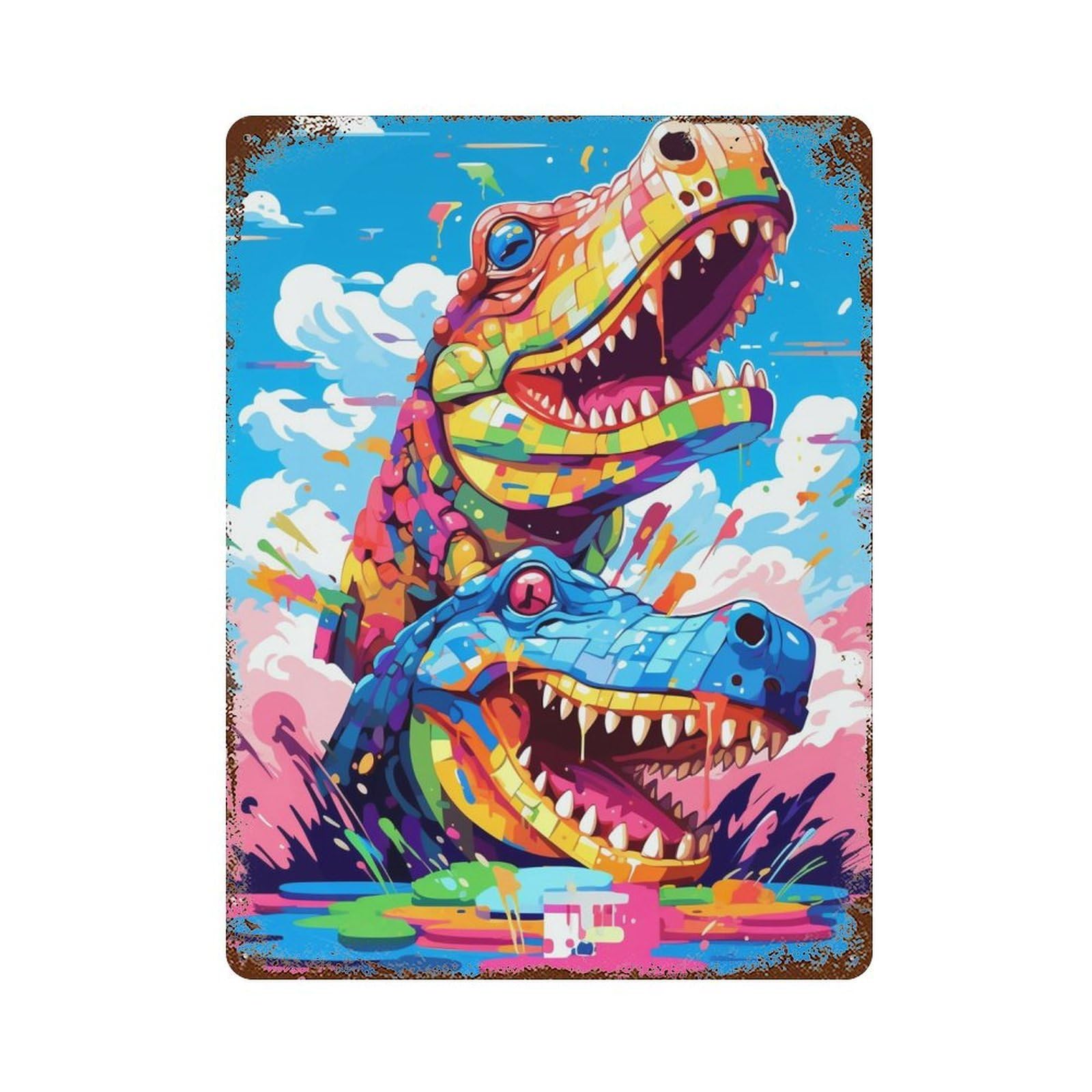 Colorful Crocodile Art Print Rustic Tin Plaque 15.7"x11.8", for Pub, Kitchen And Man Cave Decor, Vintage Wall Decor
