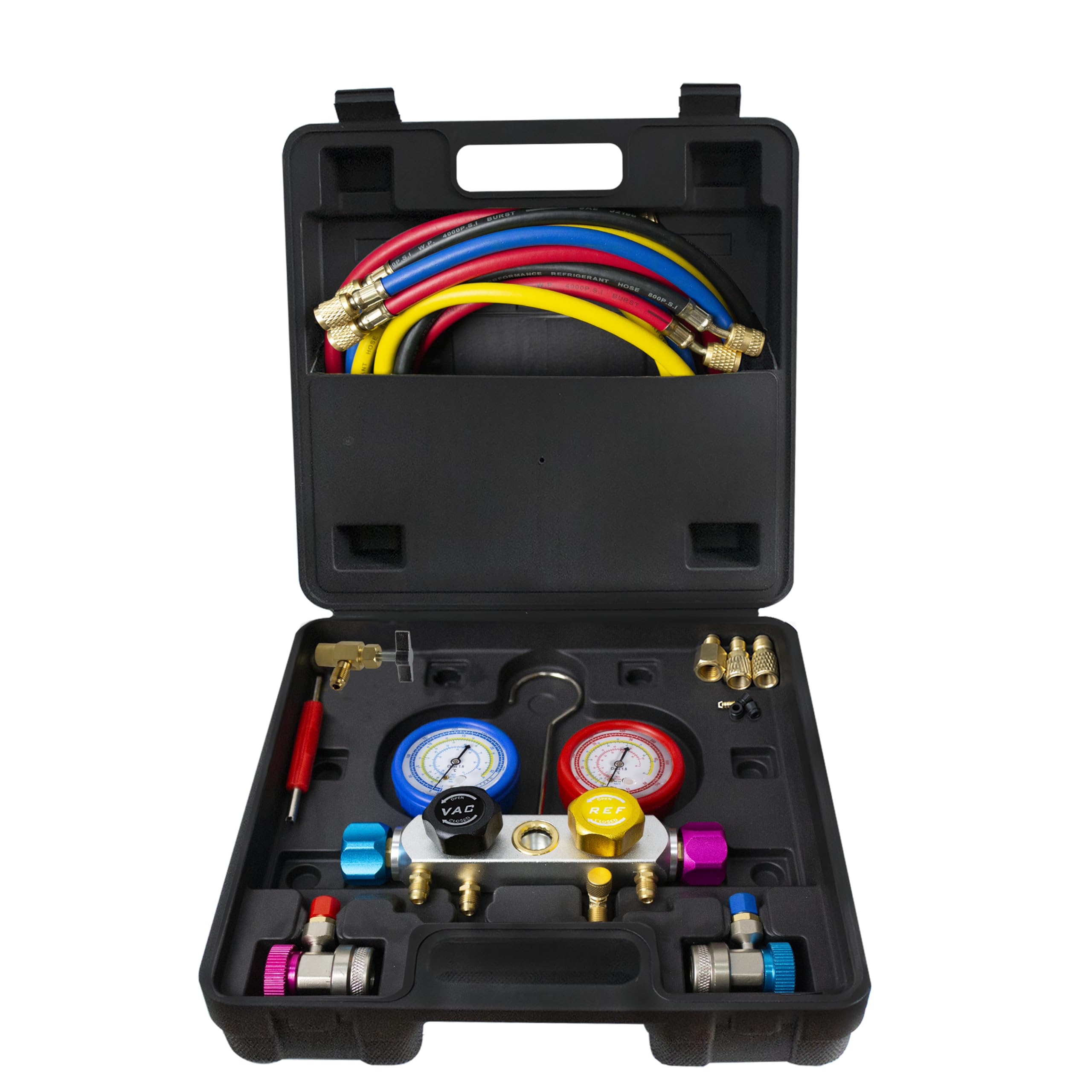 BACOENG Set Manometri Condizionatori 4 Vie, Kit Ricarica Aria Condizionata Auto con 1.5m Tubi per Auto Strumenti Diagnostici, Manifold Gauge Kit per R134A R410A R32 Refrigerante