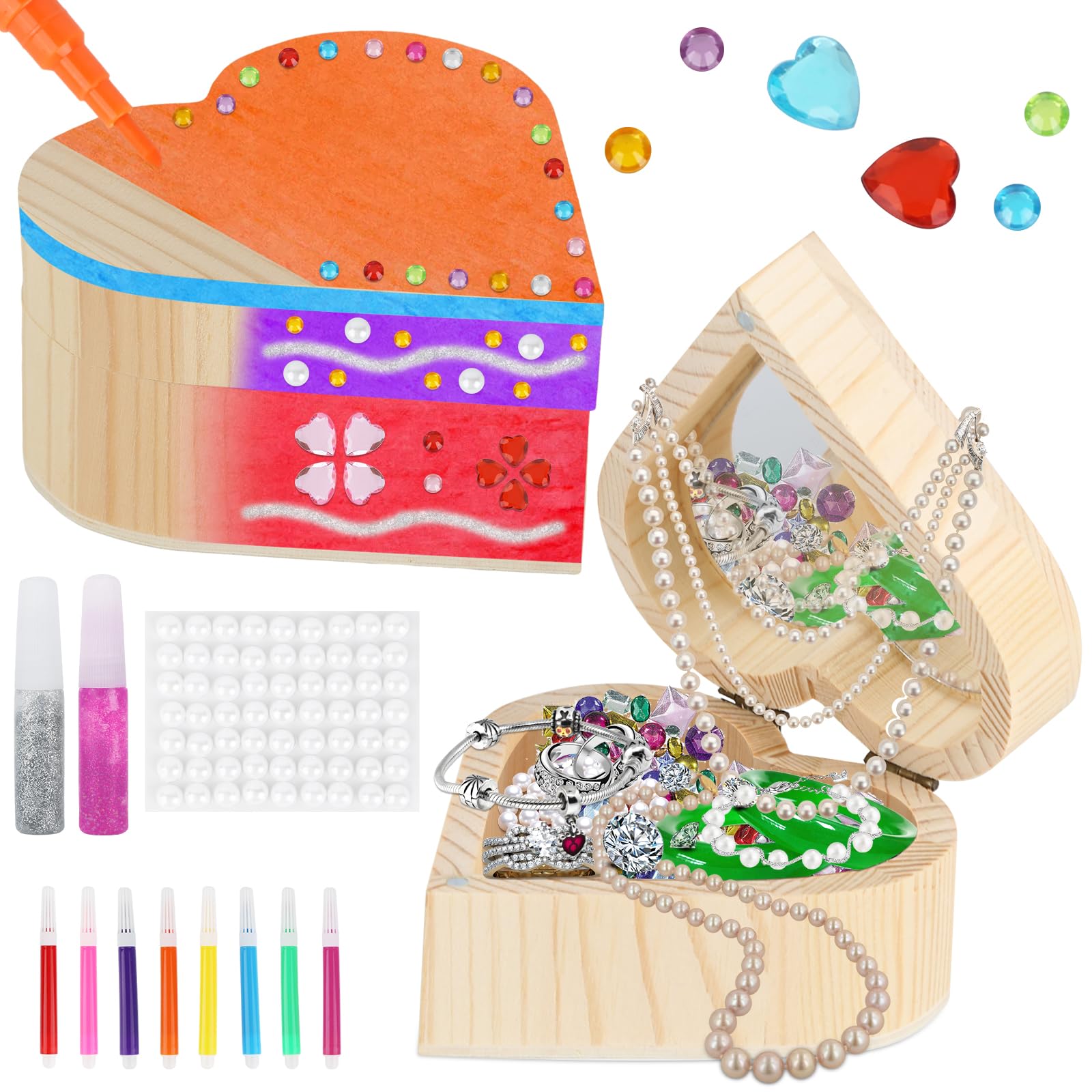dsDAEDK Cofre del tesoro de madera para pintar, caja de madera en forma de corazón, juego de pintura para niños, joyero para niñas, minicofre del tesoro para niñas de 4 años